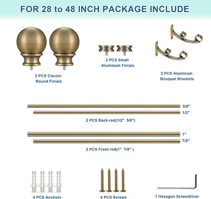 Double Curtain Rods with Aluminum Bouquet Brackets and Round Finials, Antique Bronze Curtain Rods for Windows 28 to 48 inch, 1-inches Front and 5/8 Inches Back Double Window Drapery Rod