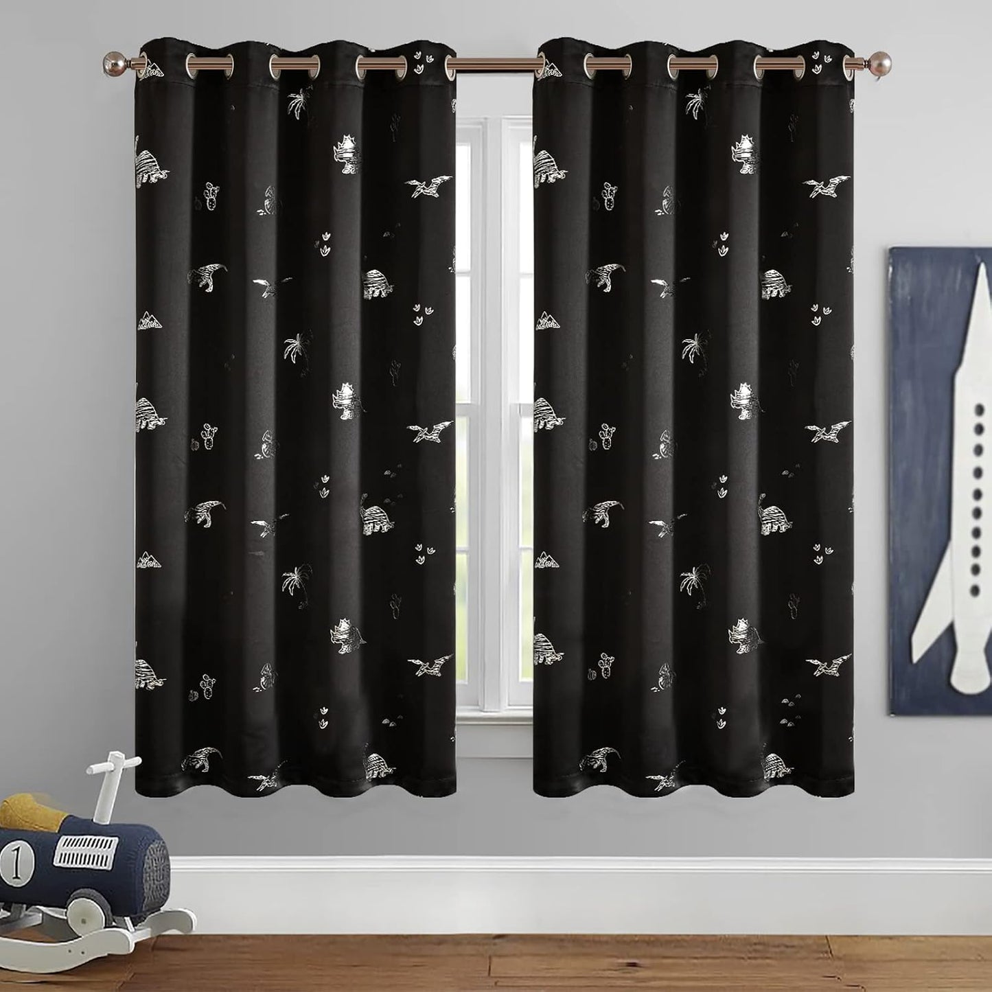 Kids Blackout Curtains for Bedroom 63 Inches Black 2 Panels | Blackout, Grommet, Silver Dino Foil Thermal Insulated Drapes for Boys Girls ‌Newborn‌ ‌Toddler‌ ‌Preschooler Nursery