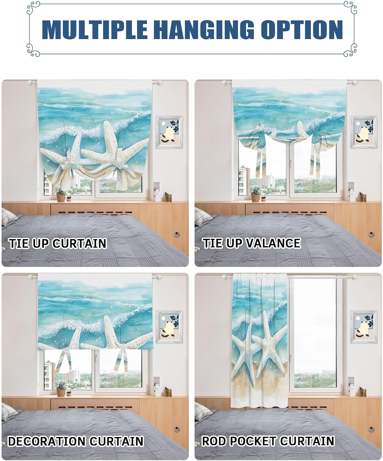 Tie Up Curtains for Windows, Ocean Beach Adjustable Balloon Nature Linen Textured Kitchen Curtain, Summer Coastal Starfish Sand Ombre Blue Room Darkening Curtains for Glass Door, 42 x 45 in