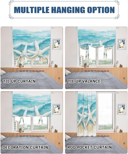 Tie Up Curtains for Windows, Ocean Beach Adjustable Balloon Nature Linen Textured Kitchen Curtain, Summer Coastal Starfish Sand Ombre Blue Room Darkening Curtains for Glass Door, 42 x 45 in