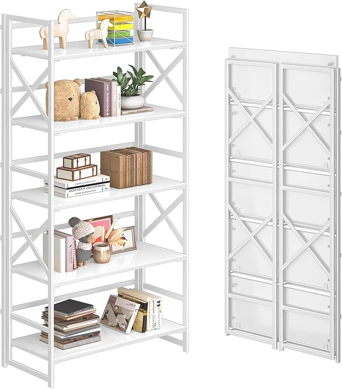 4NM 5 Tiers No Assembly Book Shelves, 51.2" H Folding Bookshelf Bookcase Open by 4NM