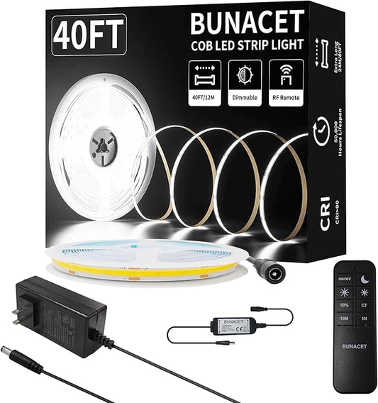 BUNACET COB LED Strip Light 40ft/12m Cool White 6500K High Lumen CRI 90+ by BUNACET