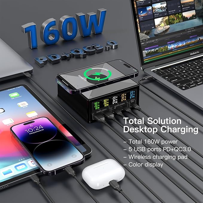 USB Charger Station Multi Port: Desktop 160W Power Fast Charging Hub Wall Block - Image 4
