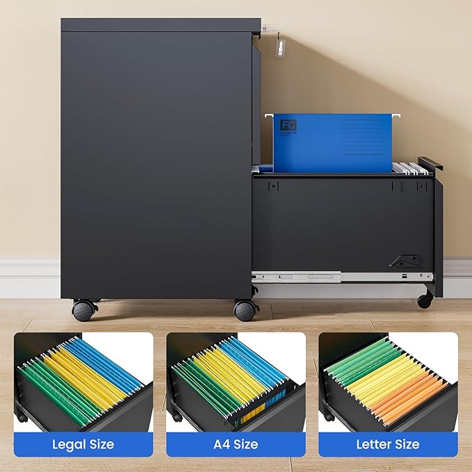 MIIIKO 2 Drawer File Cabinet on Wheels, Home Office Mobile File Drawers Under - Image 4