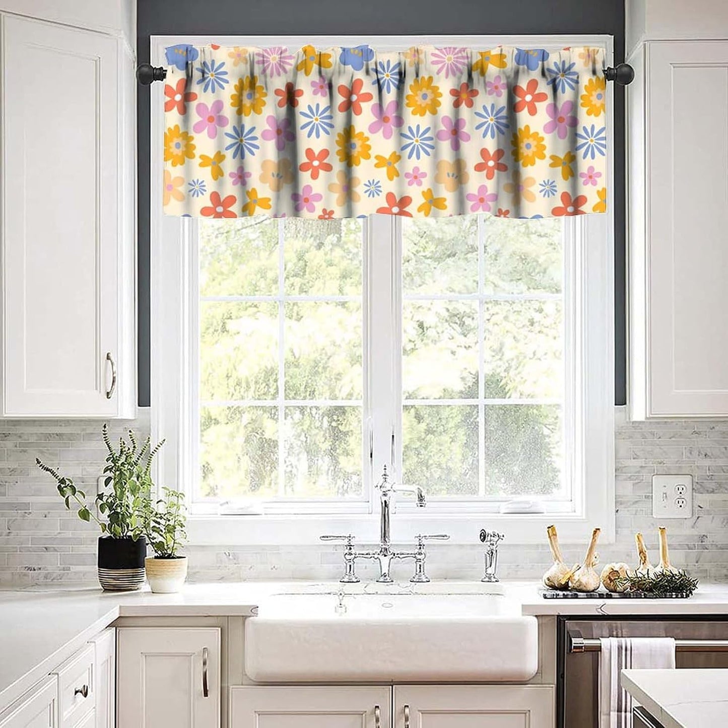 Cute 70s Flower Valance, Abstract Vintage Groovy Daisy Floral Cartoon Pink Blue Orange Flowers Print Blackout Window Curtain for Kids Girls Boys Bedroom Livingroom, 54x18inch
