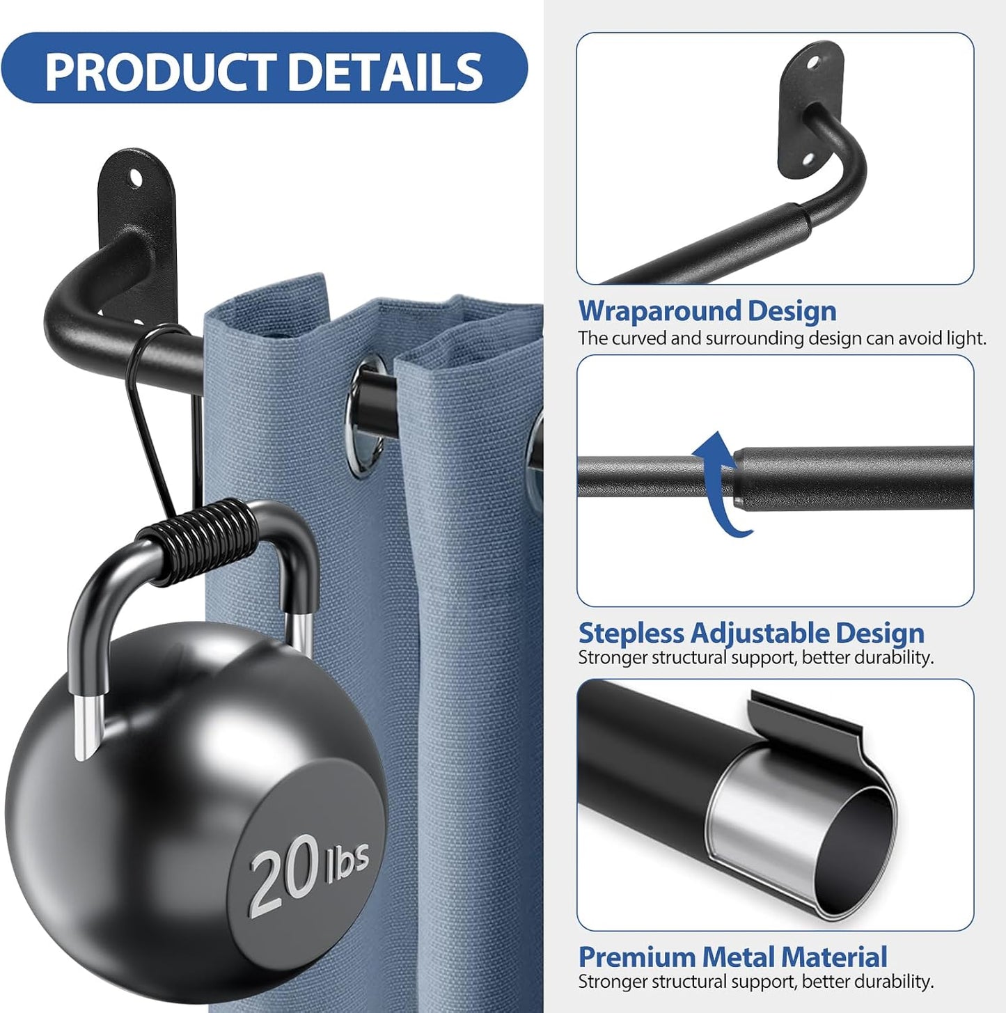 2 Pack French Door Curtain Rod, Sash Curtain Rod Adjustable 18-32in, Black | 3/8in Wrap Around Metal Cafe Curtain Rod Mount With Screws, Supports Up To 20 lb for French Doors, Windows and Sidelights
