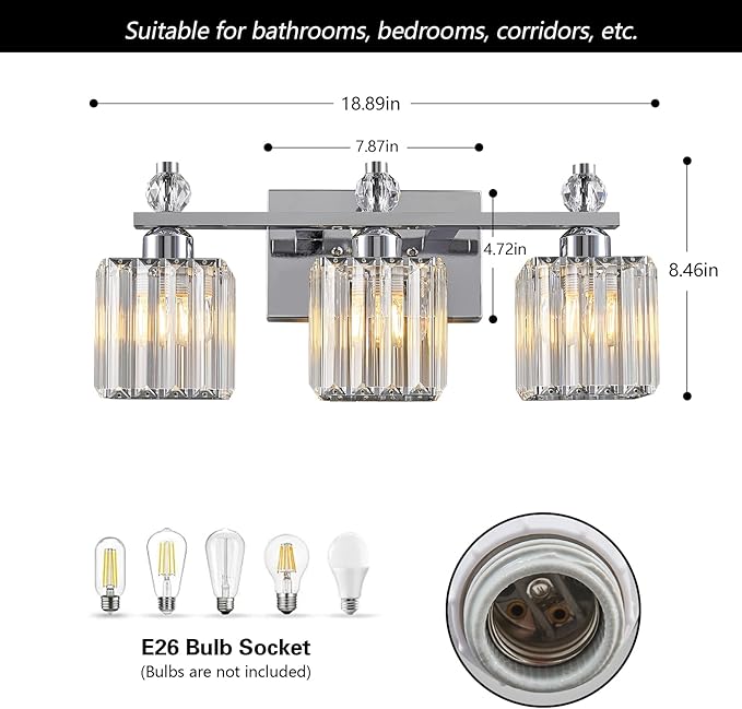 FDPBY Bathroom Vanity Lights 3-Light Modern Crystal Vanity Light Chrome - Image 5
