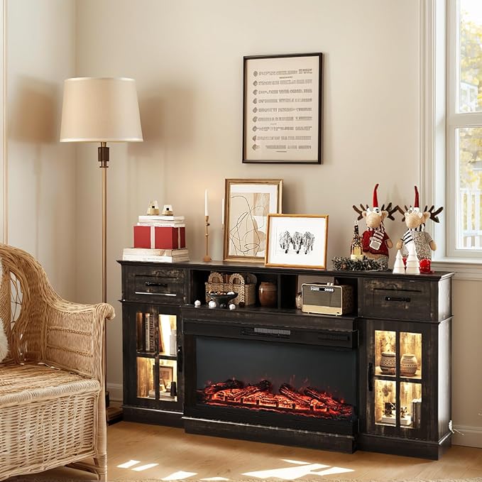 Bonnlo Fireplace TV Stand for Up to 80'' TVs, Electric Fireplace Heater by Bonnlo