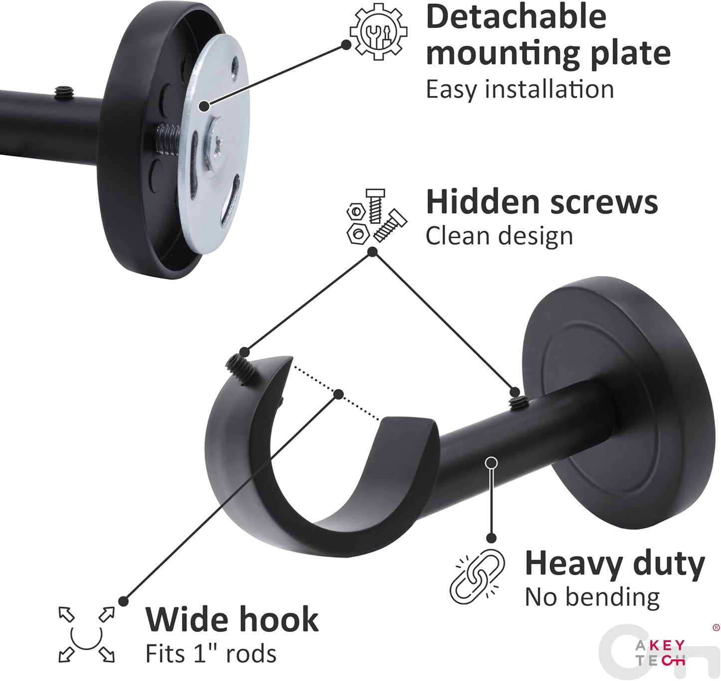 Heavy Duty Ceiling Mount Curtain Rod Brackets, Curtain Rod Holders, 2 Pack | Black, Wall & Ceiling Installation, Ceiling Mount Curtain Rod Holders, Low Profile, Fix Length Hardware Set, for 1 in Rods