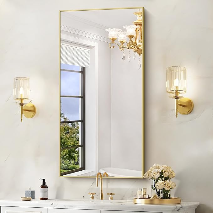 48x24In Gold Bathroom Mirror for Wall, Brushed Gold Rectangle Mirrors - Image 2