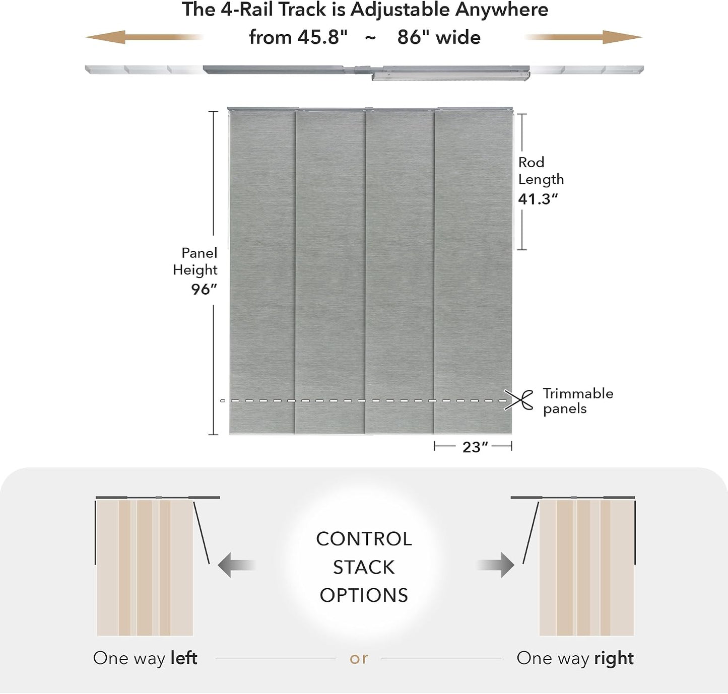 Panel Blinds Semi-Sheer 45.8"-86" x 96", Moonstone | Semi-Sheer Shimmering Fabric Panels for Sliding and Closet Doors with Adjustable Track and Trim-to-Fit Height