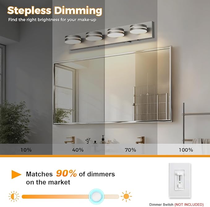 26" Motion Sensor Vanity Light Brushed Nickel, 3CCT 4-Light Modern LED Bathroom - Image 5
