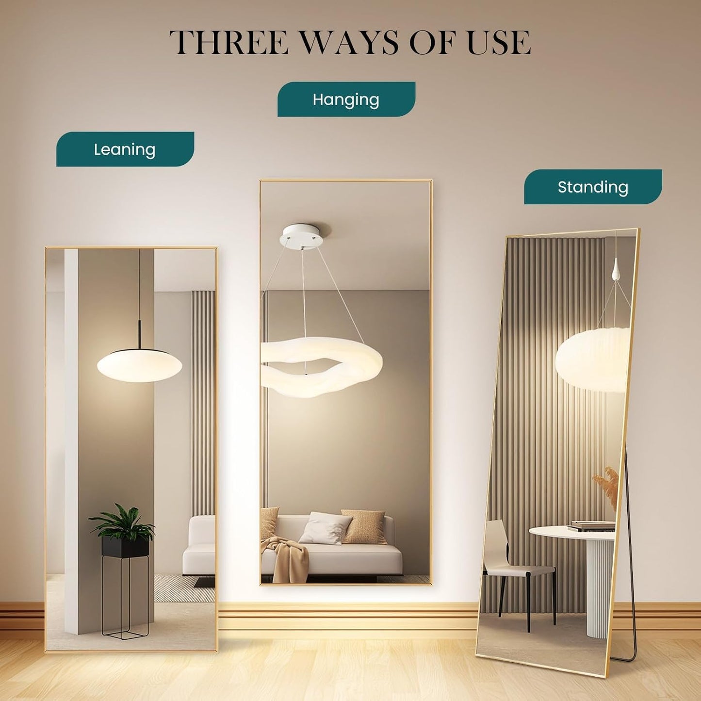 NEWBULIG 64"x21" Full Length Mirror, Full Body Floor Mirror, Gold-Rect | Aluminum Alloy Thin Frame, Wall or Standing Mirrors for Bedroom, Living Room, Dressing Room