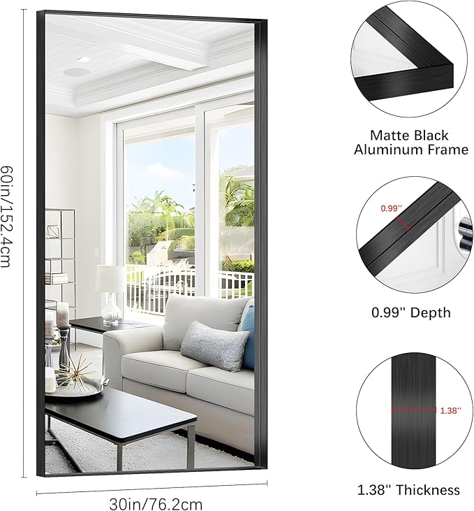 Black Bathroom Mirror, 30x60 Inch Rectangular Deep Frame Mirror, Large Wall - Image 3