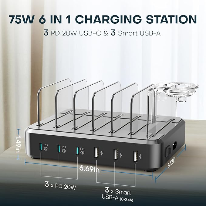 Charging Station for Multiple Devices, 75W 6 Port Multi USB C Fast Charger - Image 3