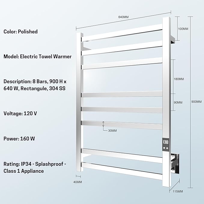 8-Bar Electric Heated Towel Warmer, Fast Heating - Image 6