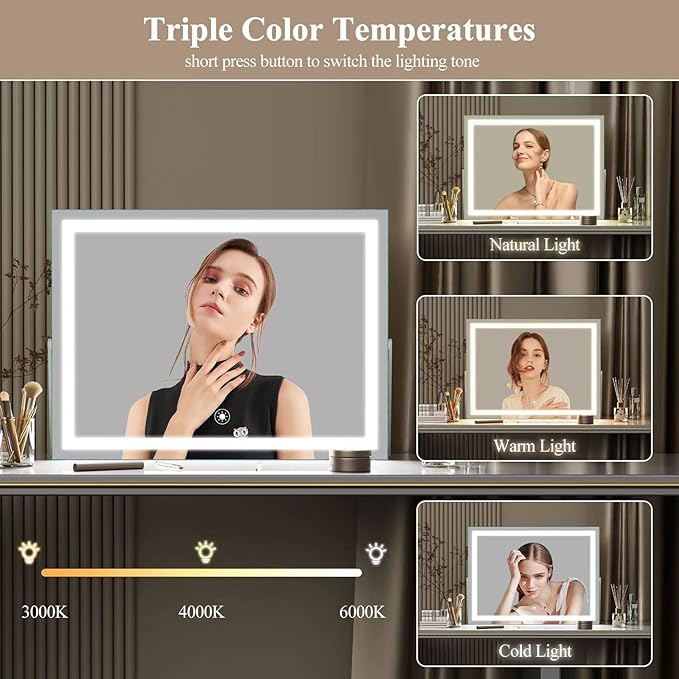 Ligheted Vanity Mirror with Lights, 3 Modes Light, Smart Touch Control Dimmable - Image 6