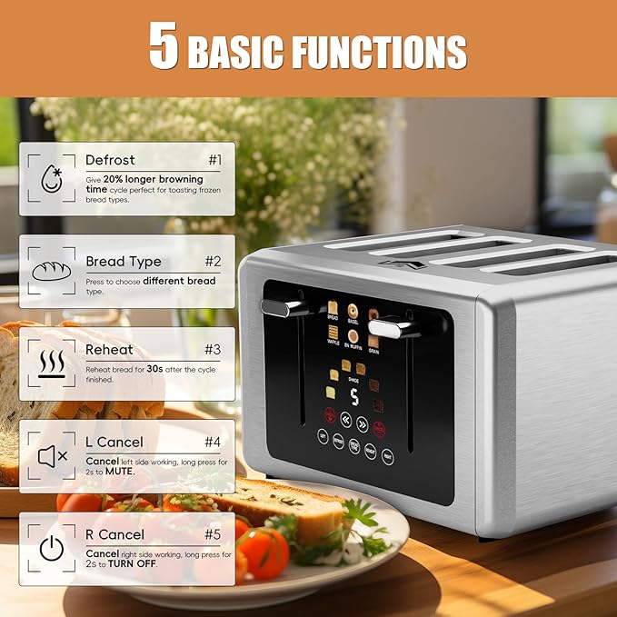 4 Slice Toaster, Touchscreen & Dual Independent Control Panel，5 Basic Functions - Image 3