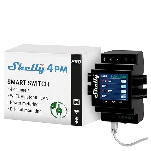 Shelly Pro 4PM | Wi-Fi & LAN, 4-Channel Smart Relay by Shelly