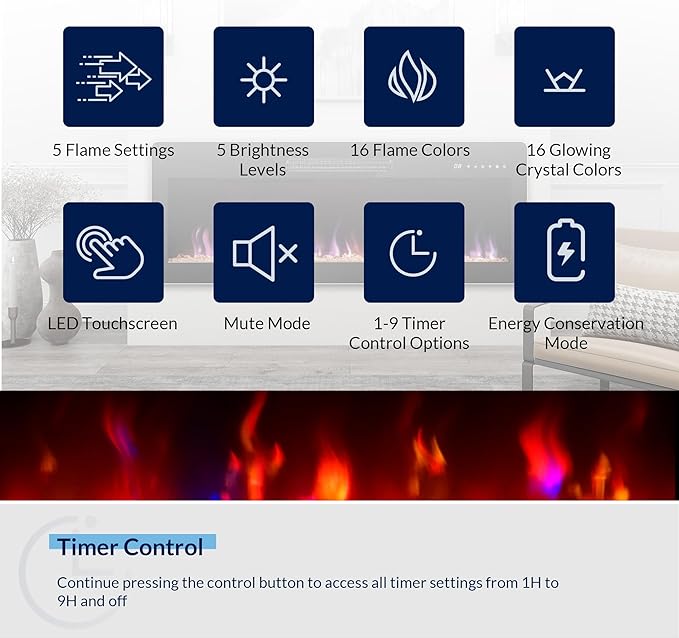 BELLEZE 42" Electric Fireplace Heater, 1400 W Recessed & Wall Mounted Electric - Image 5