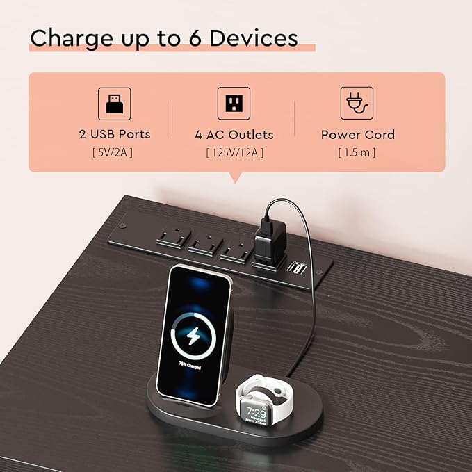 6 Drawer File Cabinet with Charging Station Rolling Printer Stand with Open - Image 5