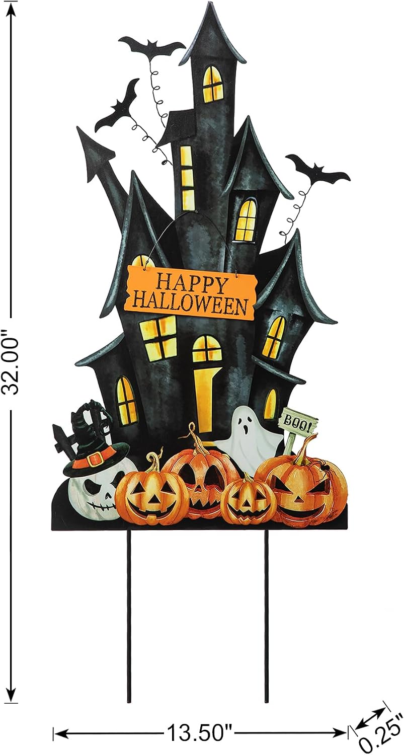 Glitzhome 32" H Halloween Metal Haunted House Yard Stake/Hanging Decor,H...