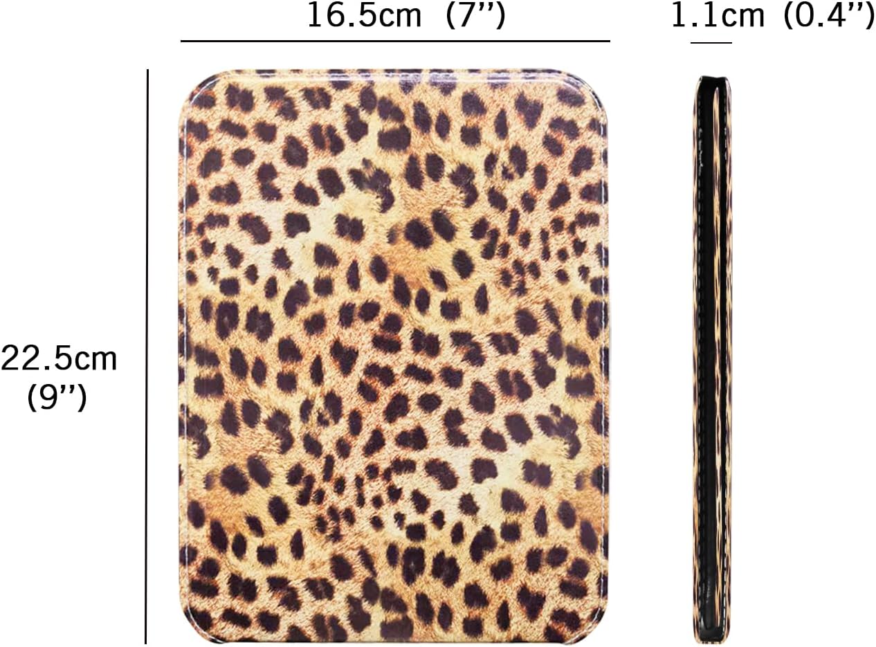 Foldable Travel Makeup Mirror, Portable PU Leather Standing Desk Mirror Rounded Corner, Large Folding Desktop Vanity Mirror with Adjustable Stand for Vanity Table, Office, Camping Leopard Print