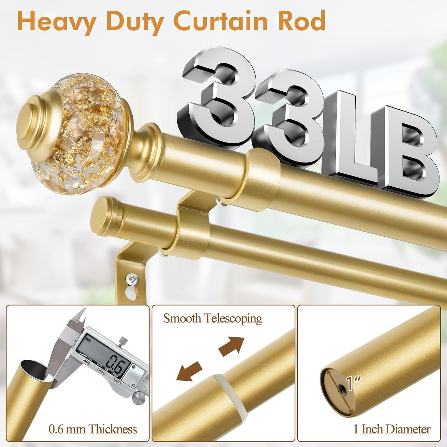 Double Curtain Rods for Windows 72 to 144, Luxury Gold, 1 Inch | Double Layer Window Treatment Rods, Decorative Crystal Ball Finials, Heavy Duty Adjustable Pole, Supports 33lbs, Easy Install