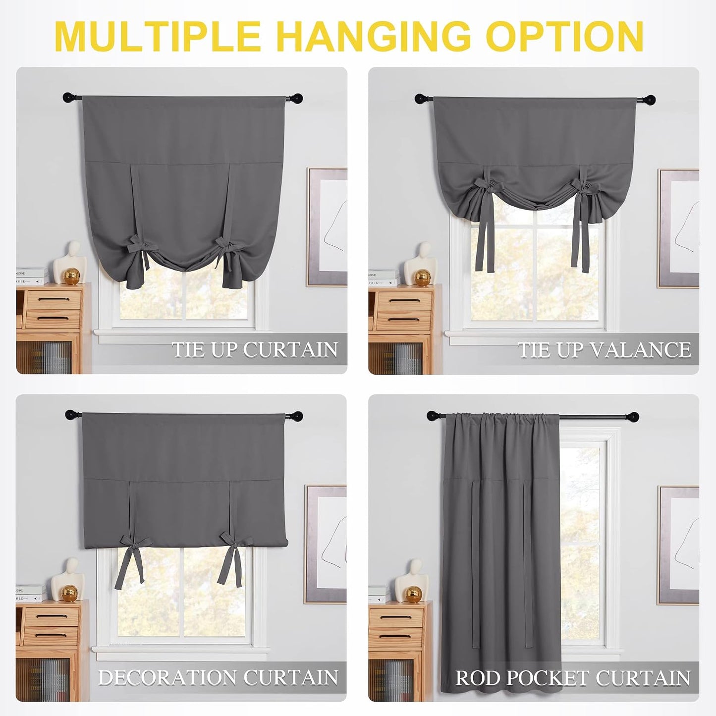 NICETOWN Thermal Insulated Blackout Short Curtain - Bathroom Curtain Gray Tie Up Shade for Small Window, Window Valance Balloon Roman Blind (Rod Pocket Panel, 46 inches W x 63 inches L)