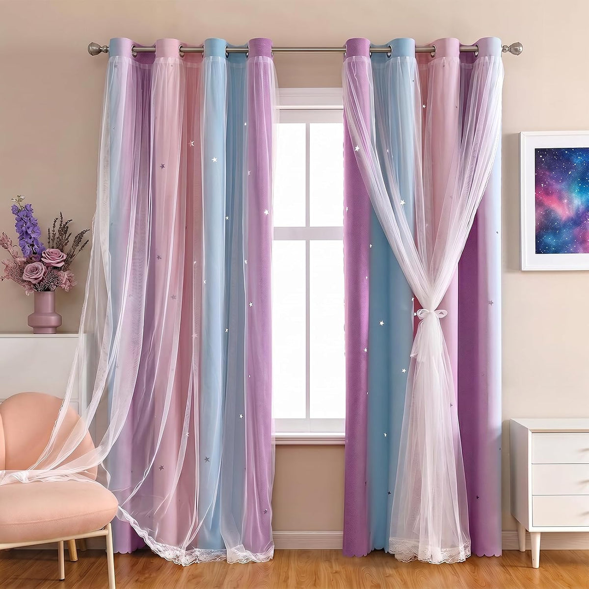 Star Cutout Blackout Curtains, Pink Purple Blue, W52 x L63 Inch | 2 Panels, Outer Sheer Layer, Rainbow Ombre Unicorn Princess Decor, Top Grommets, Ideal for Girls Bedroom Kids Room Nursery