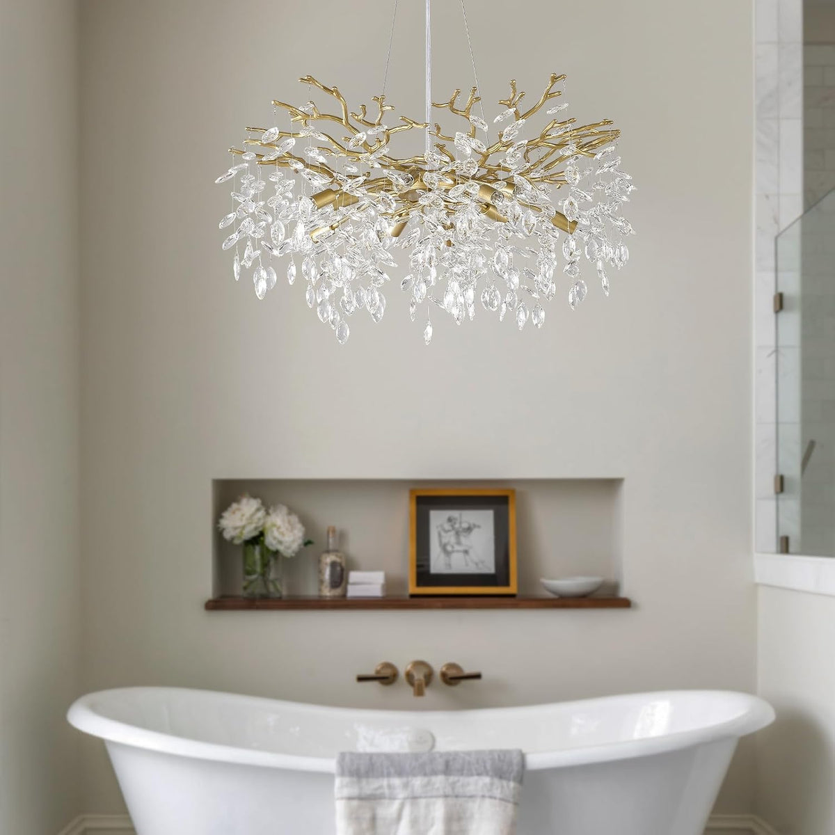 EGM Gold Tree Branch Chandelier 32" 10-Light Modern Crystal Light Fixture
