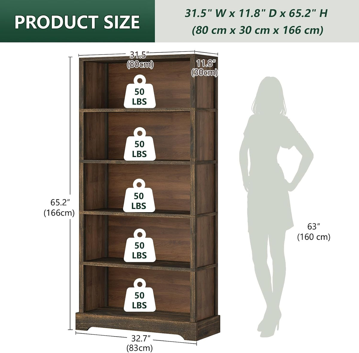 TVU 5 Tiers Wooden Bookshelf, 65.2" Tall Farmhouse Style Open Bookcase, ...