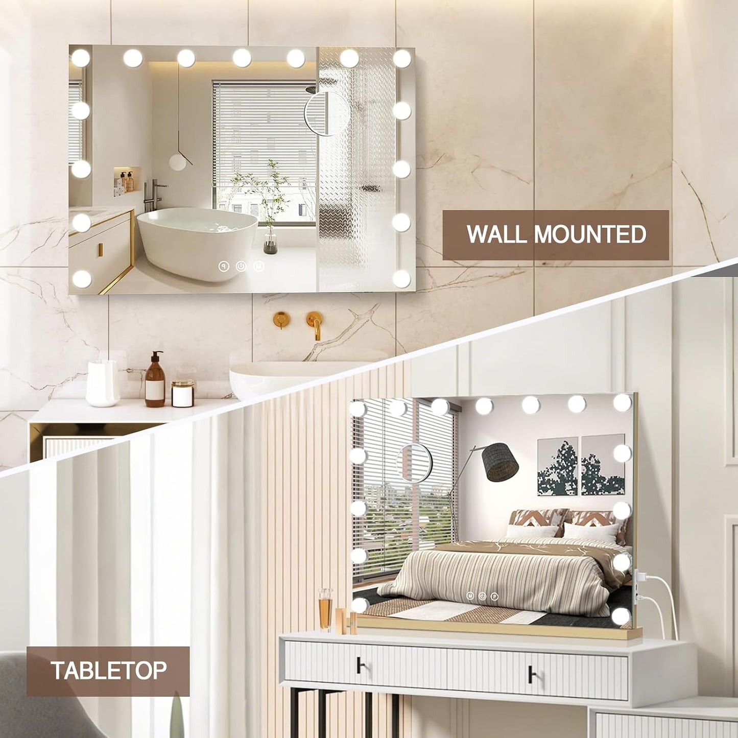 halumao Vanity Makeup Mirror with Lights, 22.8" x 19" Large Light Up Mirror with Smart Touch 3 Colors Dimmable Gold