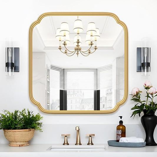 Gold Bathroom Mirror for Wall 24" x 24" Modern Rounded Corner Square Mirror by FerytangeHome