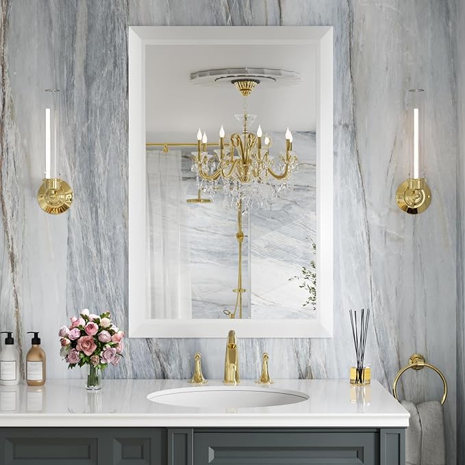 Amorho Bathroom Mirror, 24x36 Inch White Thick Metal Framed Wall Mirrors by Amorho