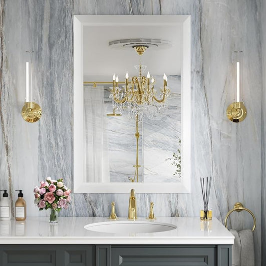 Amorho Bathroom Mirror, 24x36 Inch White Thick Metal Framed Wall Mirrors by Amorho
