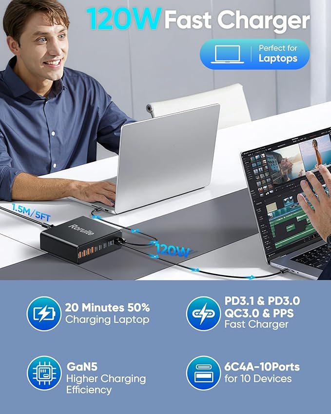 800W USB C Charging Station, 120W PD GaN5 Super Fast USB C Charger Block-10 Port - Image 3