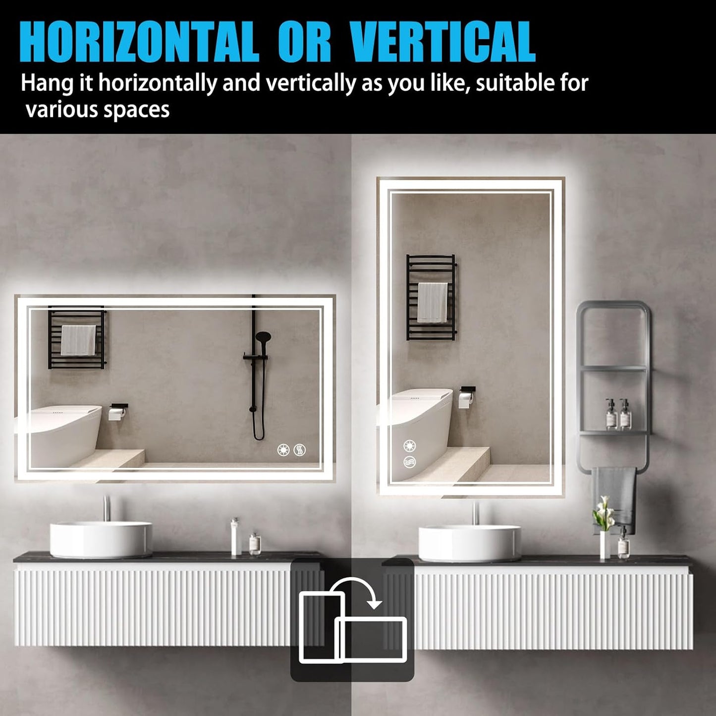 48 x 28'' LED Mirror for Bathroom Fogless Bathroom Mirror with LED Lights Stepless Dimmable 3 Colors Front and Backlit Lights Lighted Bathroom Mirror Wall Mounted Horizontal/Vertical