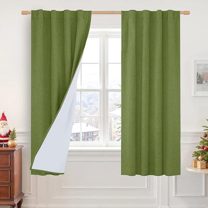 LAMIT Olive Green 100% Blackout Linen Curtains, 63 Inches Linen Textured by LAMIT