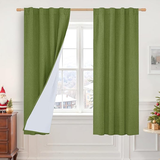 LAMIT Olive Green 100% Blackout Linen Curtains, 63 Inches Linen Textured by LAMIT