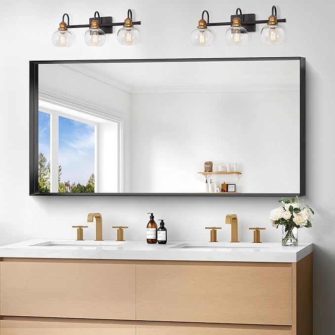 Black Bathroom Mirror, 24x48 Inch Rectangular Framed Mirror, Large Wall Mounted by Unknown