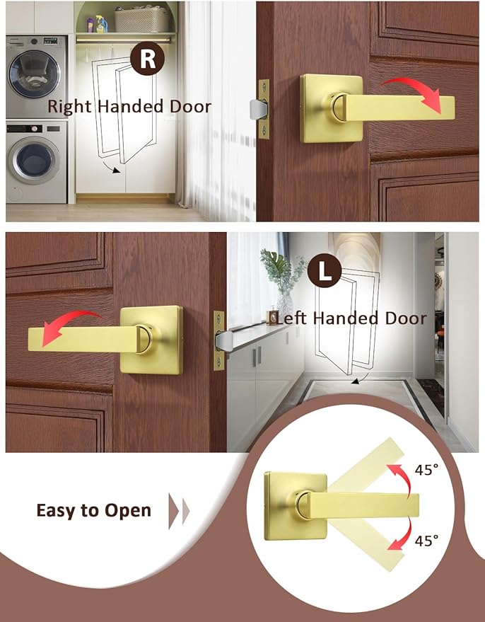 Mengico 4 Pack Passage Door Levers Gold Finish, No-Locking Keyless Square Door - Image 4