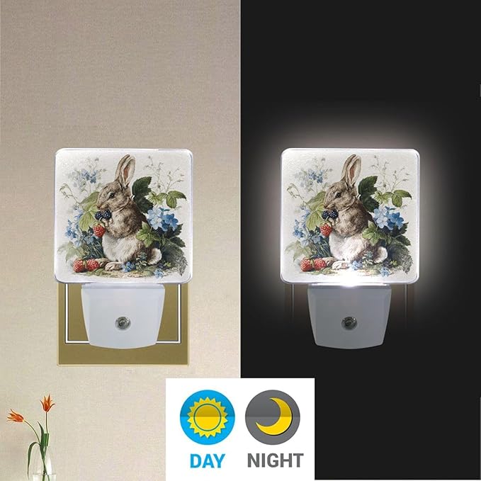 Pigsaly Led Night Light Watercolor Rabbit Strawberries Night Light Plug in Wall - Image 5