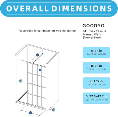 Goodyo 34" X 72" Shower Door Clear Tempered Glass Framed Shower Screen Walk-in - Image 2