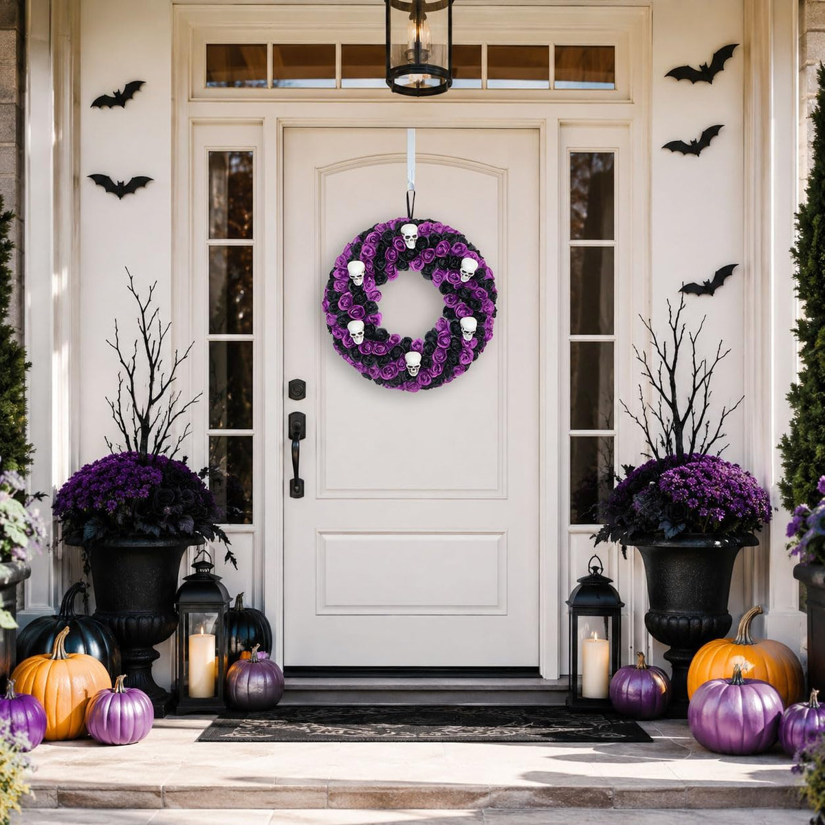 18 Inch Black & Purple Silk Rose Halloween Wreath, 6 Plastic Skulls