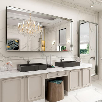 LOAAO 72X36 Inch Brushed Nickel Bathroom Mirror, Rounded Rectangle Silver Metal - Image 4