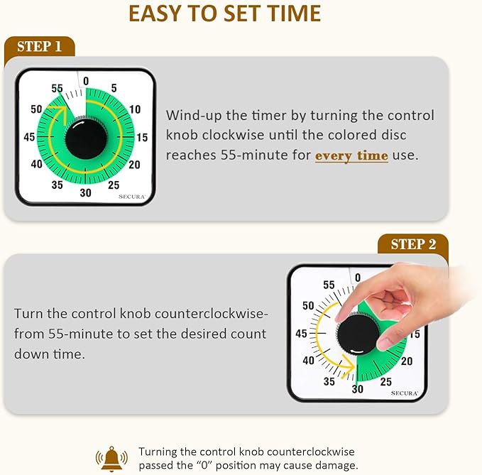Secura 60-Minute Visual Countdown Timer, 7.5-Inch Oversize Classroom Visual - Image 2