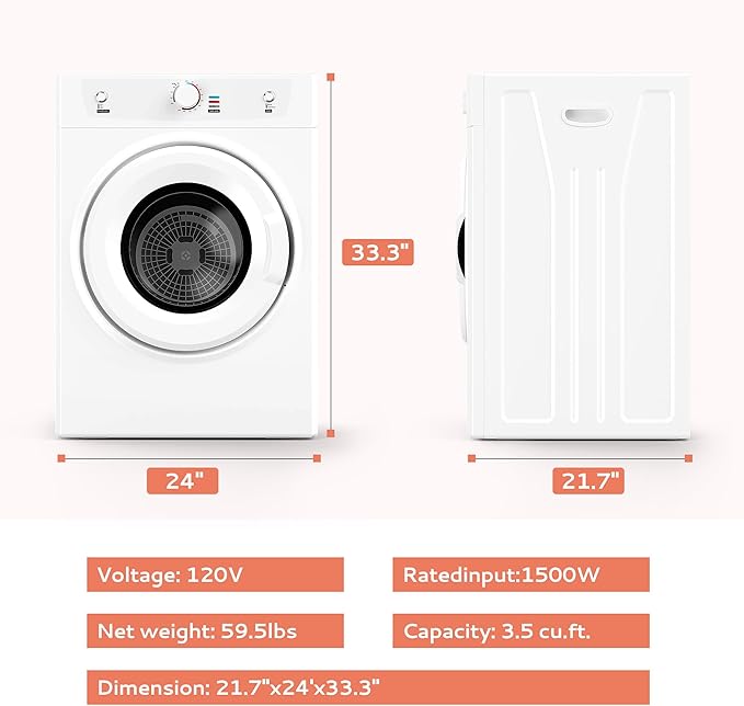 Euhomy Dryer, 3.5 Cu. Ft. 1500W Clothes Dryer, Stainless Steel Tumble Dryer - Image 7