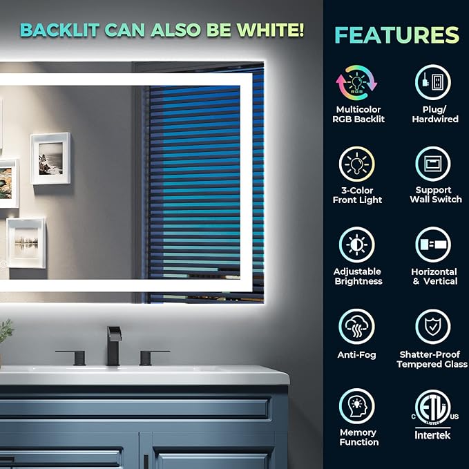 YEELAIT 55x36 Inch RGB LED Bathroom Mirror Front Light and RGB Backlit Lighted - Image 2
