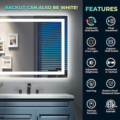 YEELAIT 60x36 Inch RGB LED Bathroom Mirror Front Light and RGB Backlit Lighted - Image 2